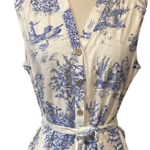 Chloe + Rene Linen blend Cottage Print Dress Blue and White Sleeveless M - Picture 3 of 16